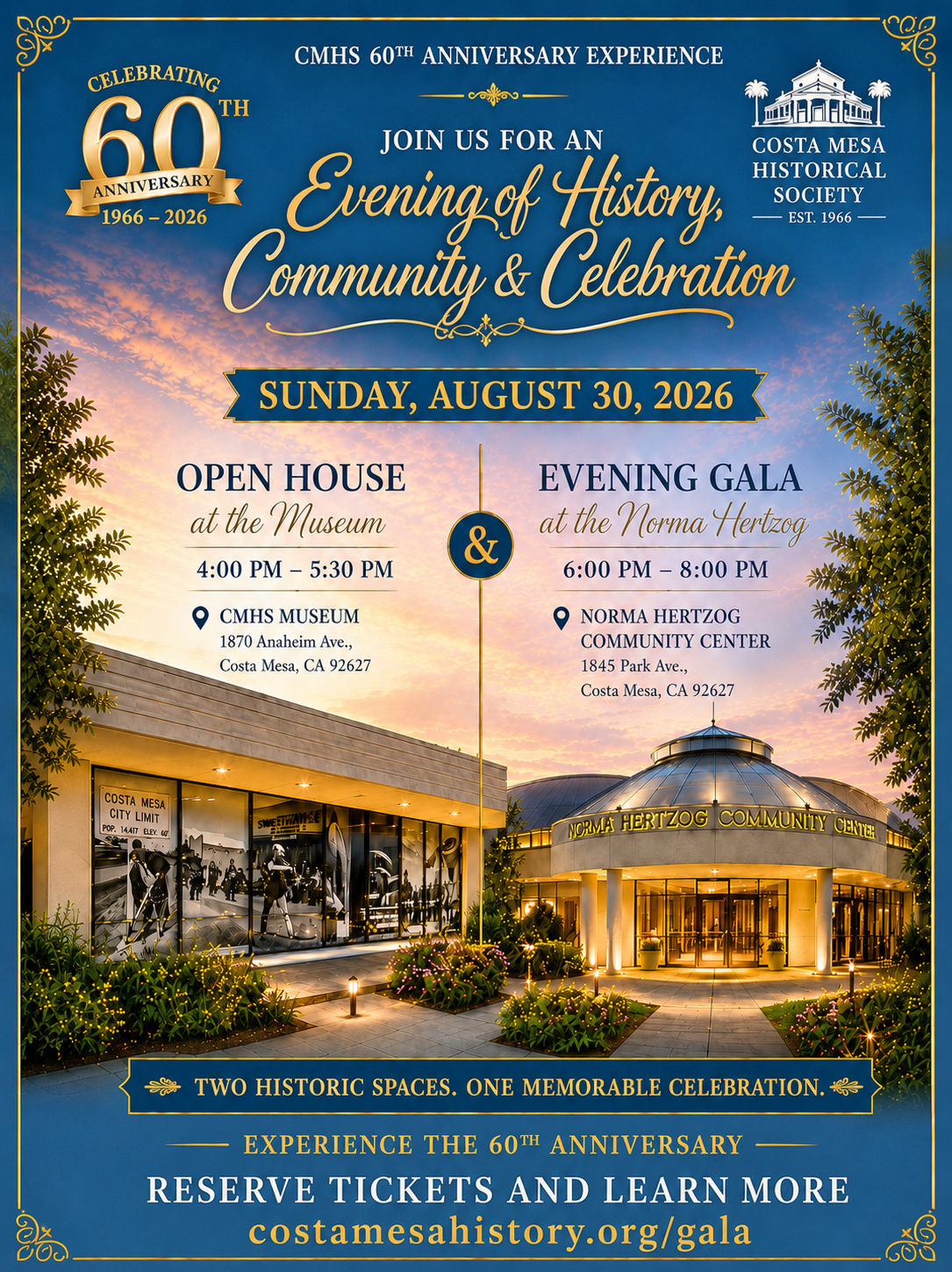 Read more about the article Evening Gala Celebrating 60 years of the Costa Mesa Historical Society – Sunday, August 30, 2026